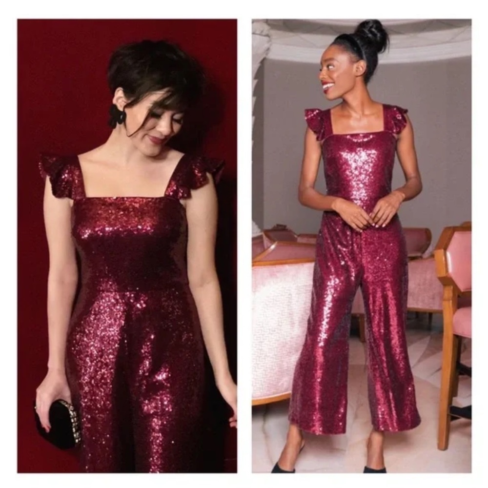 GAL MEETS GLAM Casey Plum Sequin Jumpsuit Wide Leg Ruffle Straps SZ 2